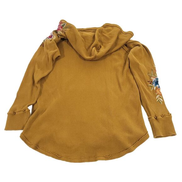 Isla Thermal floral Embroidered Hoodie Johnny Was M Mustard Yellow Cotton Boho - Picture 12 of 13